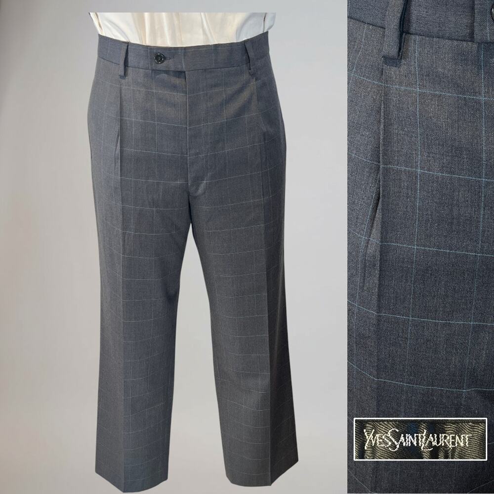 Yves Saint Laurent YSL 38x29.5 Gray Ice Blue Plaid Designer Dress Suit Pants